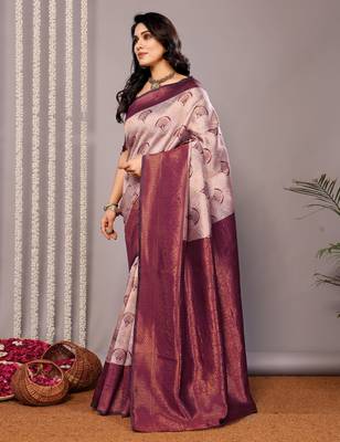 wine silk blend banarasi saree with unstitched blouse piece 3