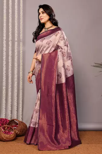 wine silk blend banarasi saree with unstitched blouse piece