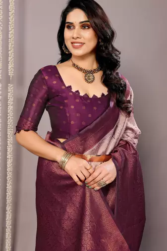wine silk blend banarasi saree with unstitched blouse piece