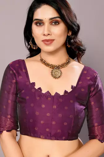 wine silk blend banarasi saree with unstitched blouse piece