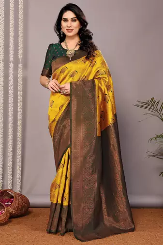 Yellow soft silk blend banarasi jacuard work designer party wear saree with unstitched blouse piece
