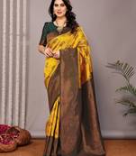 Yellow soft silk blend banarasi jacuard work designer party wear saree with unstitched blouse piece