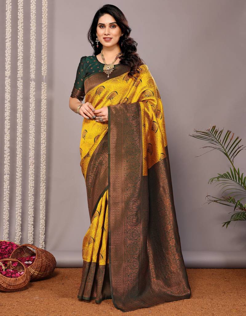 Yellow soft silk blend banarasi jacuard work designer party wear saree with unstitched blouse piece