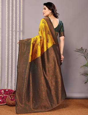 yellow silk blend banarasi saree with unstitched blouse piece 2