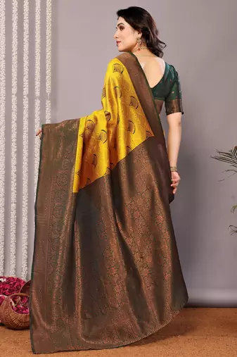 yellow silk blend banarasi saree with unstitched blouse piece