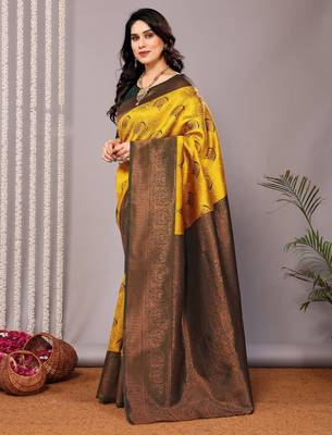 yellow silk blend banarasi saree with unstitched blouse piece 3