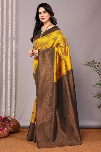 yellow silk blend banarasi saree with unstitched blouse piece