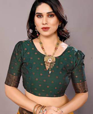 yellow silk blend banarasi saree with unstitched blouse piece 4