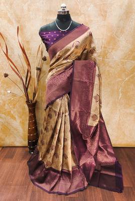 cream wine blue silk blend banarasi saree with unstitched blouse piece0 1