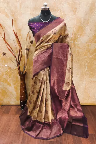 Cream wine bluesoft silk blend banarasi jacuard work designer party wear saree with unstitched blouse piece0