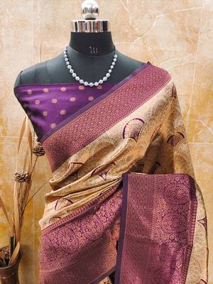 cream wine blue silk blend banarasi saree with unstitched blouse piece0 2
