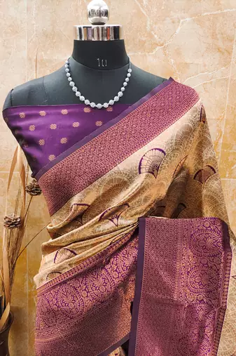 cream wine blue silk blend banarasi saree with unstitched blouse piece0