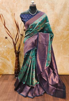rama silk blend banarasi saree with unstitched blouse piece 1