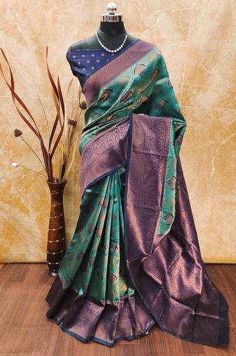 Rama soft silk blend banarasi jacuard work designer party wear saree with unstitched blouse piece