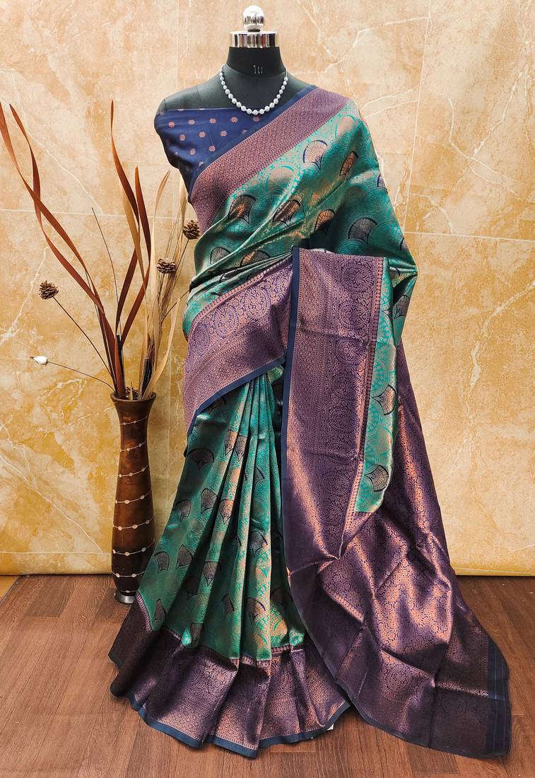 Rama soft silk blend banarasi jacuard work designer party wear saree with unstitched blouse piece