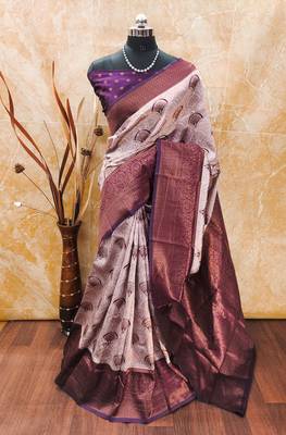 wine silk blend banarasi saree with unstitched blouse piece 1