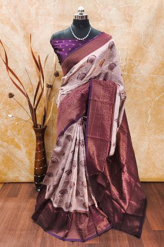 Wine soft silk blend banarasi jacuard work designer party wear saree with unstitched blouse piece