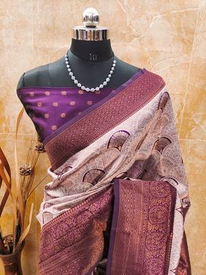 wine silk blend banarasi saree with unstitched blouse piece 2