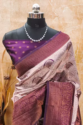 wine silk blend banarasi saree with unstitched blouse piece