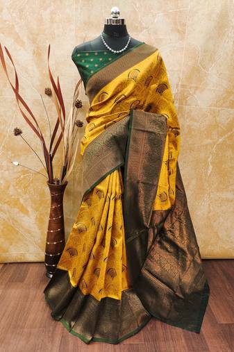 Yellow soft silk blend banarasi jacuard work designer party wear saree with unstitched blouse piece