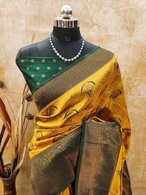 yellow silk blend banarasi saree with unstitched blouse piece 2