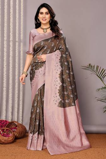 Green light pink silk blend banarasi jacuard work designer party wear saree with unstitched blouse piece