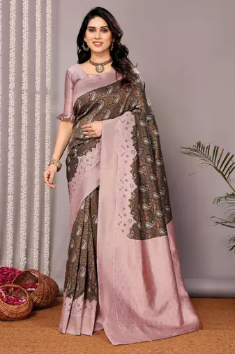 Green light pink silk blend banarasi jacuard work designer party wear saree with unstitched blouse piece