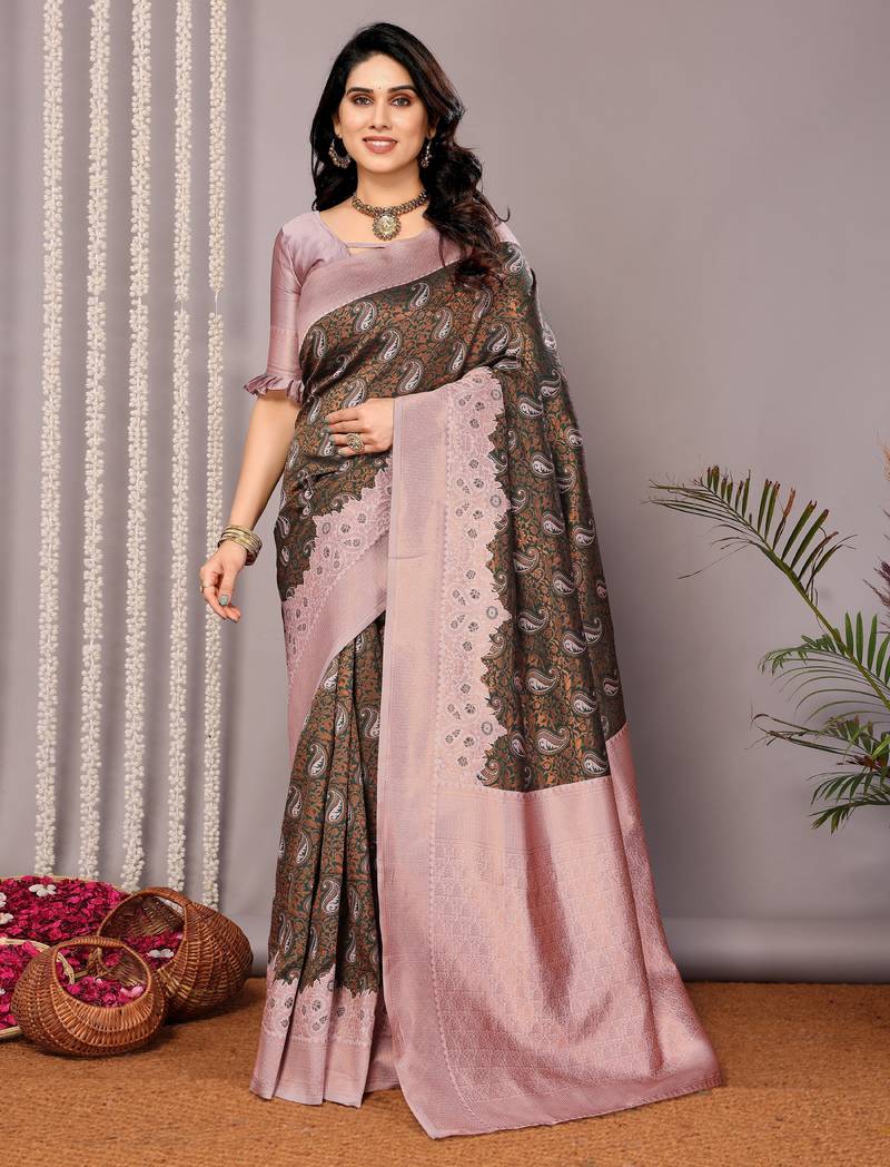 Green light pink silk blend banarasi jacuard work designer party wear saree with unstitched blouse piece