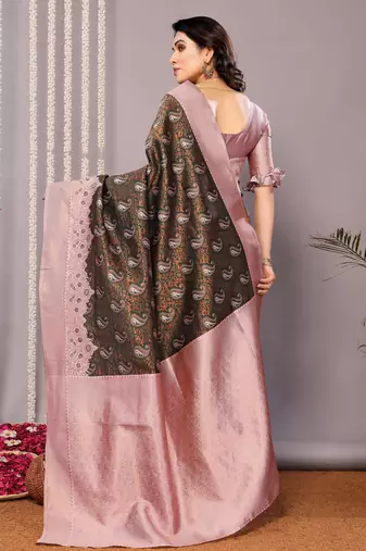 green light pink silk blend banarasi saree with unstitched blouse piece