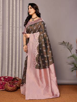 green light pink silk blend banarasi saree with unstitched blouse piece 3