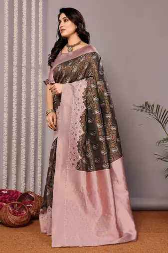 green light pink silk blend banarasi saree with unstitched blouse piece