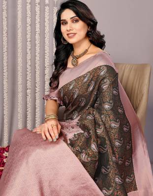 green light pink silk blend banarasi saree with unstitched blouse piece 4