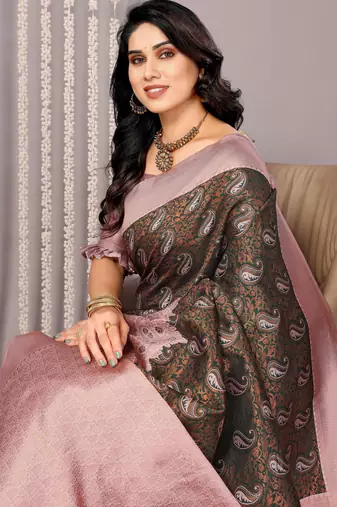 green light pink silk blend banarasi saree with unstitched blouse piece