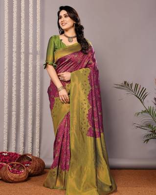 purple silk blend banarasi saree with unstitched blouse piece 1