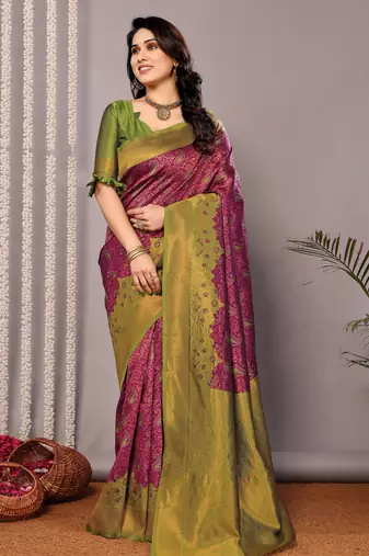 Purple  soft silk blend banarasi jacuard work designer party wear saree with unstitched blouse piece