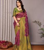 Purple  soft silk blend banarasi jacuard work designer party wear saree with unstitched blouse piece