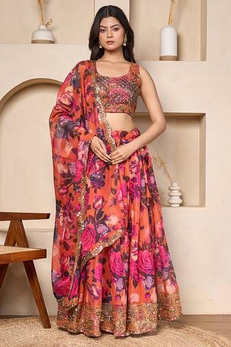 coral floral georgette lehenga choli with sequin work