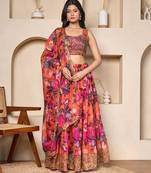 coral floral georgette lehenga choli with sequin work
