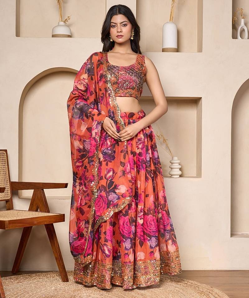 coral floral georgette lehenga choli with sequin work