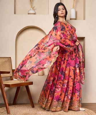 coral floral georgette lehenga choli with sequin work 2