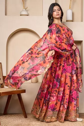 coral floral georgette lehenga choli with sequin work