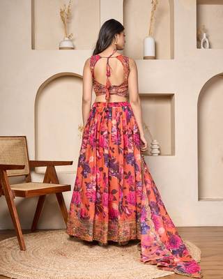 coral floral georgette lehenga choli with sequin work 3