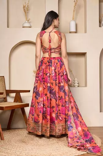 coral floral georgette lehenga choli with sequin work