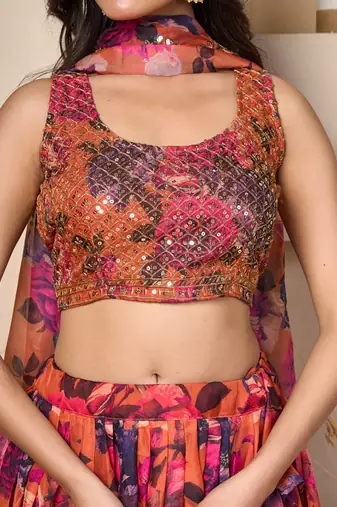 coral floral georgette lehenga choli with sequin work