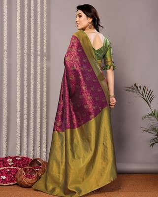 purple silk blend banarasi saree with unstitched blouse piece 2
