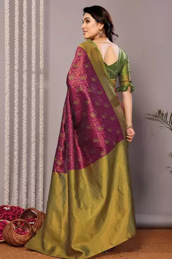 purple silk blend banarasi saree with unstitched blouse piece
