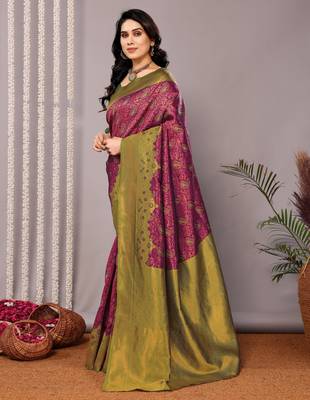 purple silk blend banarasi saree with unstitched blouse piece 3