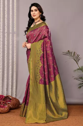 purple silk blend banarasi saree with unstitched blouse piece
