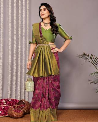 purple silk blend banarasi saree with unstitched blouse piece 4