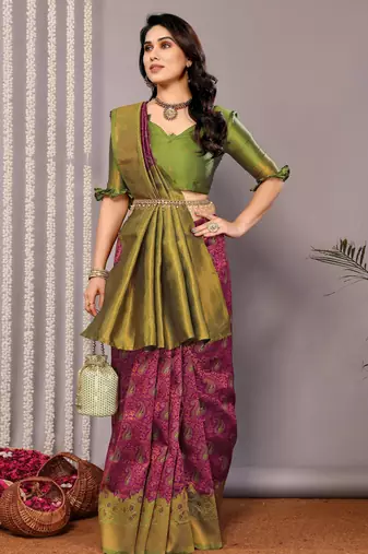 purple silk blend banarasi saree with unstitched blouse piece